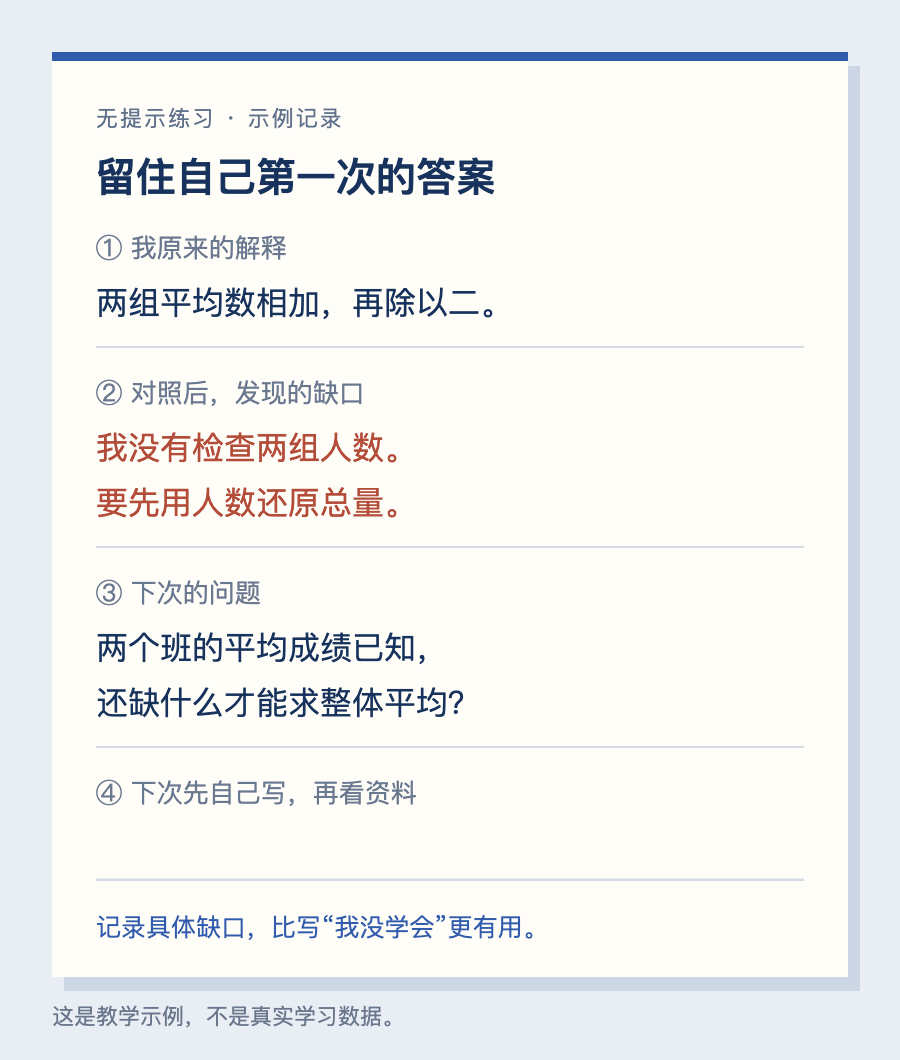 一页练习记录保留首次解释、卡住的位置和下一次变式问题;空白处是留给学习者的,不是遗漏的答案