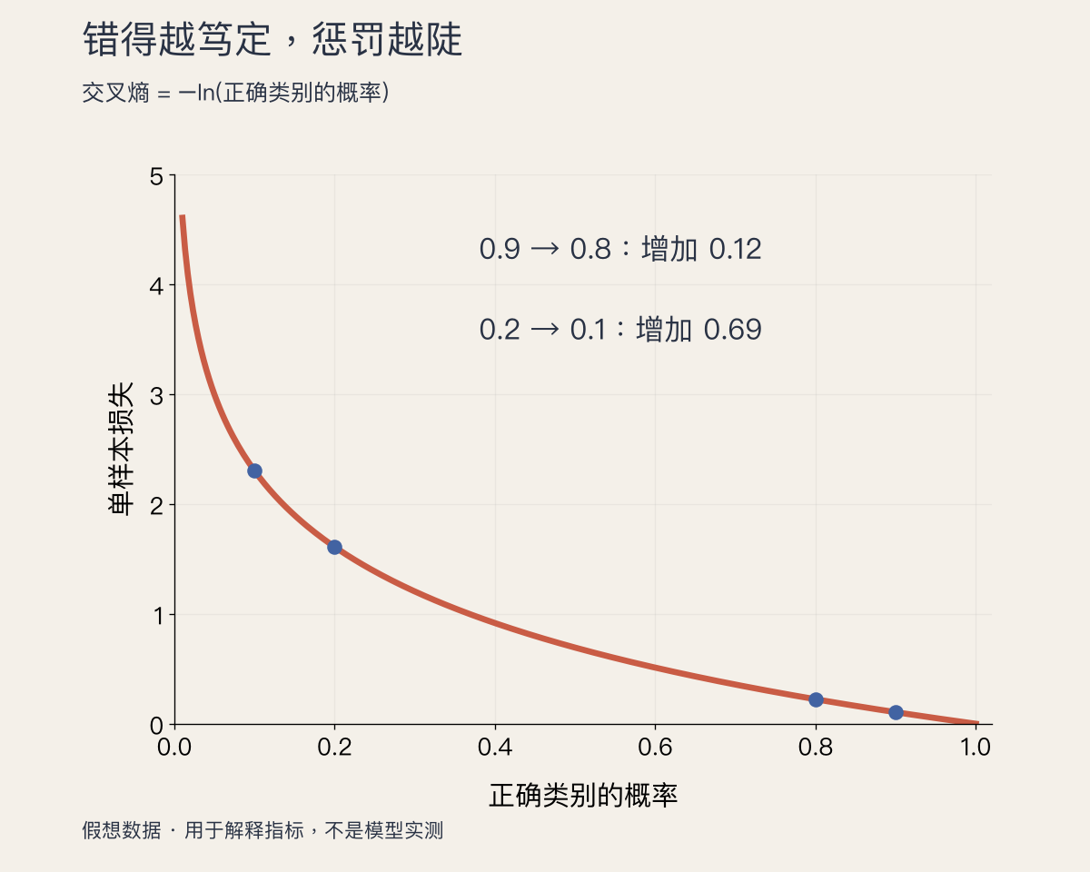 交叉熵对低正确概率更敏感；同样减少零点一概率，损失增量不同